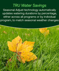 Autumn leaf on lawn illustrating seasonal adjust for Program-Based Indoor Irrigation Controller With WiFi Ready Capability