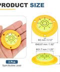 Nexarelle 3pcs Round Bubble Level D:48.9mm, H:9.2mm Yellow/Green shown in hand with size dimensions highlighted.