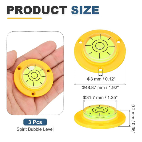 Nexarelle 3pcs Round Bubble Level D:48.9mm, H:9.2mm Yellow/Green shown in hand with size dimensions highlighted.