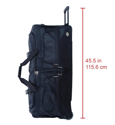 Side view of Rockland rolling duffel bag, black, 36-inch with telescoping handle and wheels