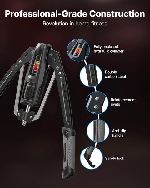Merach Twister Arm Trainer Hydraulic Strengthener For Forearm And Arms With Upgraded Protective Housing showing construction details and safety features.