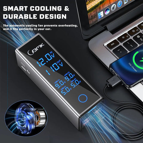Road Trip Vibes 300W Car Power Inverter DC to AC Converter with PD 36W and LCD Display, showing USB ports and cooling design.
