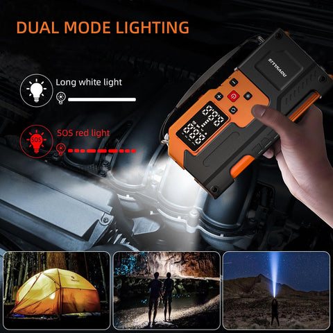 All In One Jump Starter With Air Compressor On The Go 4000A Portable Battery Pack showing dual mode LED lighting