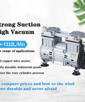 Oil Free Vacuum Pump For Small Industrial Use Silent Quiet Air Extraction Pump With Filtration Negative Pressure For Test Rooms And Suction Applications 650V 65L 88KPa, side view with specifications