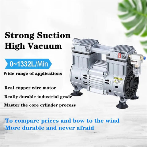 Oil Free Vacuum Pump For Small Industrial Use Silent Quiet Air Extraction Pump With Filtration Negative Pressure For Test Rooms And Suction Applications 650V 65L 88KPa, side view with specifications