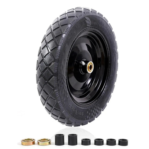 Flat Free Tire And Wheel For 15 Inch Wheelbarrow Replacement Kit, black tire with bearings and hub for carts
