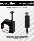 Front view of black 1/2 in J-hook PEX clamp with screws for tubing support.