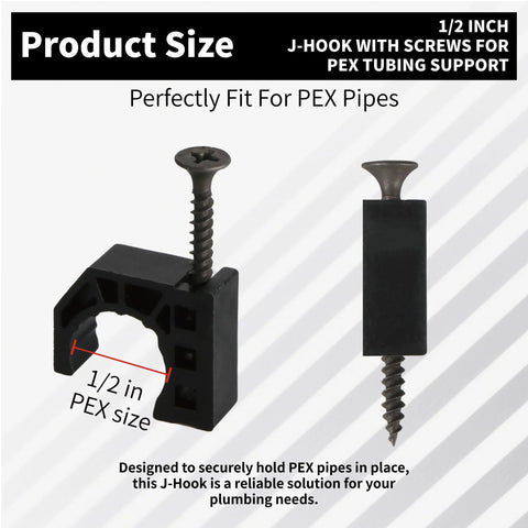 Front view of black 1/2 in J-hook PEX clamp with screws for tubing support.