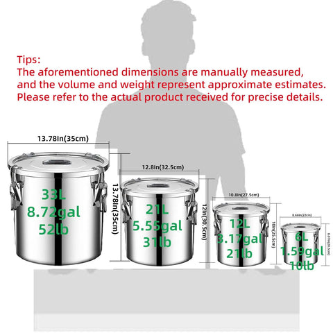 Massive 304 Stainless Steel Airtight Food Storage Bin With Heavy Duty Locking Clamps For Serious Kitchen Pantry Reset dimensions and sizes