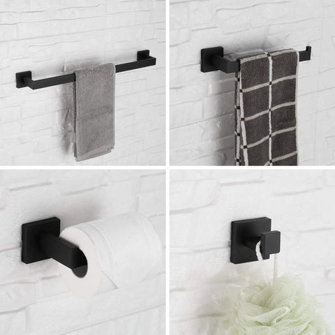 Square Matte Black Bathroom Hardware Set 24 Inch Towel Bar Kit Wall Mounted With Hand Towel Bar Toilet Paper Holder And 2 Robe Hooks SUS304 Stainless Steel Modern Durable 5 Piece Bathroom Accessory Set showing detail views against white tile wall.