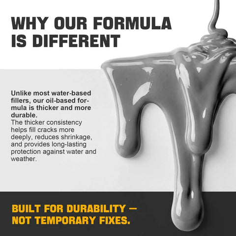 Oil-based waterproof quick dry repair sealant highlighting thickness for "Your Go To Self Leveling Cement And Concrete Crack Filler."
