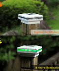 6 Pack Solar Post Lights Outdoor RGB Color Changing Post Cap Lights For Fence Deck And Patio, showing daytime and night illumination on wooden posts