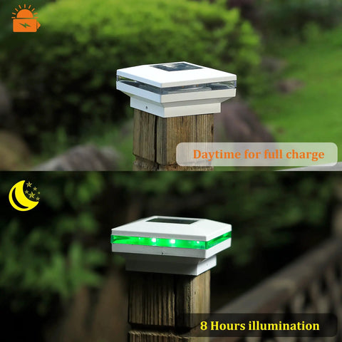 6 Pack Solar Post Lights Outdoor RGB Color Changing Post Cap Lights For Fence Deck And Patio, showing daytime and night illumination on wooden posts