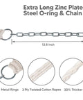 Close-up of extra long zinc plated steel O-ring and chain with 3 ply twisted cotton ropes for hammock suspension.