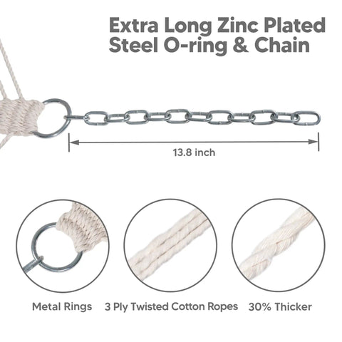 Close-up of extra long zinc plated steel O-ring and chain with 3 ply twisted cotton ropes for hammock suspension.