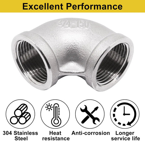 Two Pack Three Quarter Inch NPT Female to Female 90 Degree Stainless Steel Pipe Elbow Fittings, 304 Stainless Steel, Excellent Performance