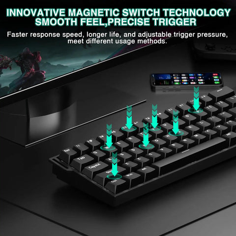 Smooth Tap 60 Percent Wireless Gaming Keyboard Featuring Hall Effect Magnetic Keys And Insanely Quick Rapid Trigger Tech, close-up of keys with display.