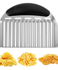 Nogeqi stainless steel crinkle cutter with black handle, front view; makes waffle and crinkle fries.
