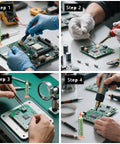 Step-by-step PCB repair using Pro Grade Desoldering Wick With Flux For Electronics Repairs with soldering tools and components.
