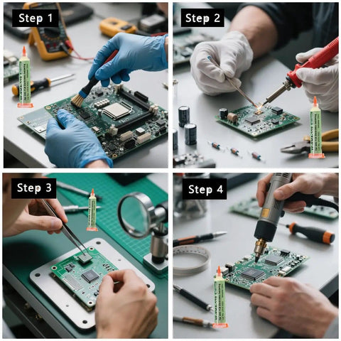 Step-by-step PCB repair using Pro Grade Desoldering Wick With Flux For Electronics Repairs with soldering tools and components.