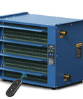 Top Shelf Hydronic Hanging Heater Featuring One Hundred Thousand Btu Hot Water Radiance Built Tough, blue galvanized steel unit with digital display.