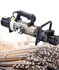 Cutpoiy Portable Electric Hydraulic Rebar Bender Machine With Pure Copper Motor Quick Angle Adjustments Up To 130 Degrees Compact Design For Steel Rod Bending Projects Easy Setup and Quiet Operation At Home Or On Site Efficiently Shape Rebar Bars In on a steel rod background.