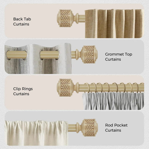 Wood Look Metal Curtain Rod Set No Fuss 1 Inch Heavy Duty Adjustable Rods With Leaf Pattern Finials for various curtain styles