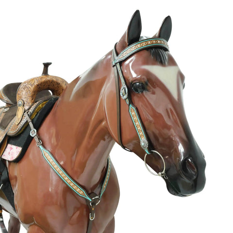 Western Horse Headstall And Breast Collar Tack Set Crafted From Genuine Argentina Cowhide Leather With Geometric Tooling on display
