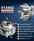 Front Wheel Bearing Hub Assembly For Toyota Corolla And Prius 2016-2022, 5-Lug ABS, Drop-In Direct-Fit with specifications chart