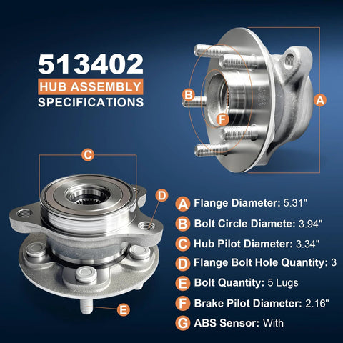 Front Wheel Bearing Hub Assembly For Toyota Corolla And Prius 2016-2022, 5-Lug ABS, Drop-In Direct-Fit with specifications chart