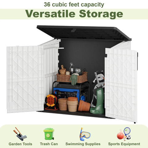 Spacious 36 Cu Ft Plastic Outdoor Storage Shed With Wood Grain Finish Waterproof Backyard Cabinet open showing garden tools inside
