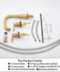 Components of 360 Degree Swivel Spout 8 Inch Widespread Two Handle Bathroom Faucet in Antique Brass with Pop Up Drain Deck Mounted