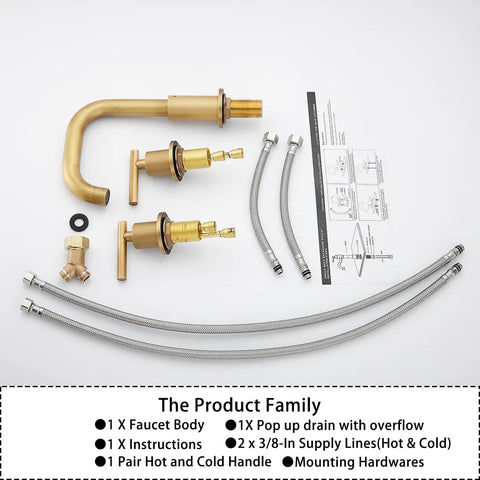 Components of 360 Degree Swivel Spout 8 Inch Widespread Two Handle Bathroom Faucet in Antique Brass with Pop Up Drain Deck Mounted