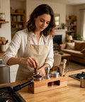 Kickstart Your Morning Routine With This Boss Level Espresso Tamping Station Featuring True 58Mm Calibration And Gorgeous Reclaimed Wood Tray To Slick Out Your Everyday Coffee Bar Setup, showcasing user tamping espresso.
