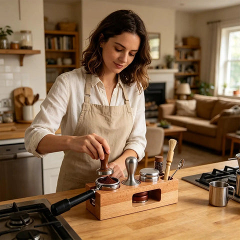 Kickstart Your Morning Routine With This Boss Level Espresso Tamping Station Featuring True 58Mm Calibration And Gorgeous Reclaimed Wood Tray To Slick Out Your Everyday Coffee Bar Setup, showcasing user tamping espresso.