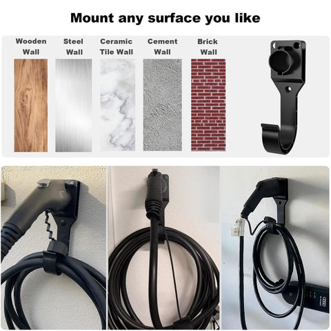 Sturdy Wall Mount EV Charger Holder For SAE J1772 Cables With Locking Hook and Snug Dust Covers mounted on a wall with cables neatly stored.