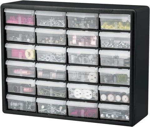 24 Drawer Plastic Storage Cabinet For Garage Organization And Small Parts Beads Bricks Tools Makeup And Crafts, Heavy Duty Organizer For Beads Bricks Tools Makeup And Classroom Use, 20 In Wide 6 In Deep 16 In High Black