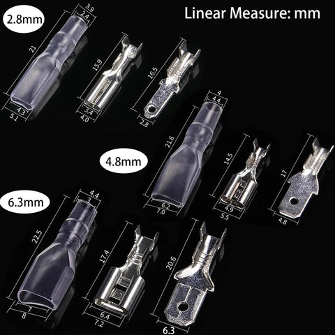 540-piece spade connector kit with insulating sleeves; 2.8/4.8/6.3mm male and female crimp terminals