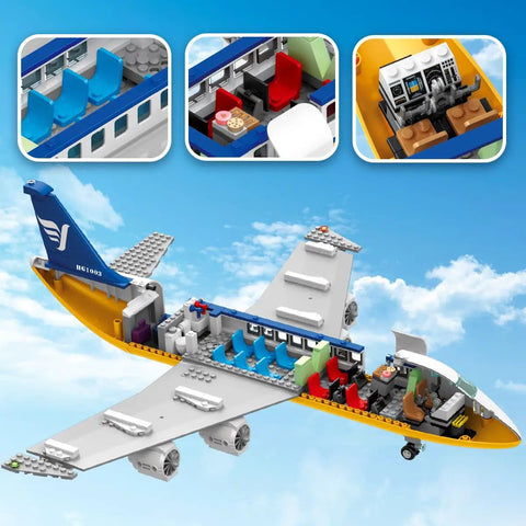 Epic City Passenger Airplane Building Set With LED Lights 901 pieces showing interior seating and cockpit details