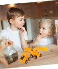 Children playing with 4 Piece Front End Loader Plastic Engineering Vehicle Models for compact construction trucks indoors.