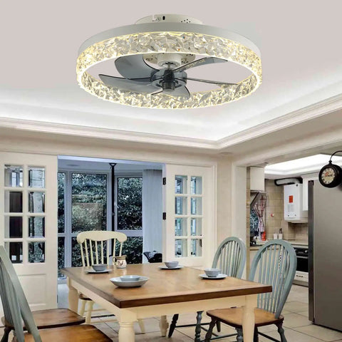 Ceiling Fan With Lights LED Remote Control Three Color Lighting Three Speeds Invisible Blades Flush Mount Enclosed Metal Shell Low Profile 19.7 Inches Sand White Finish For Living Rooms And Bedrooms in dining area