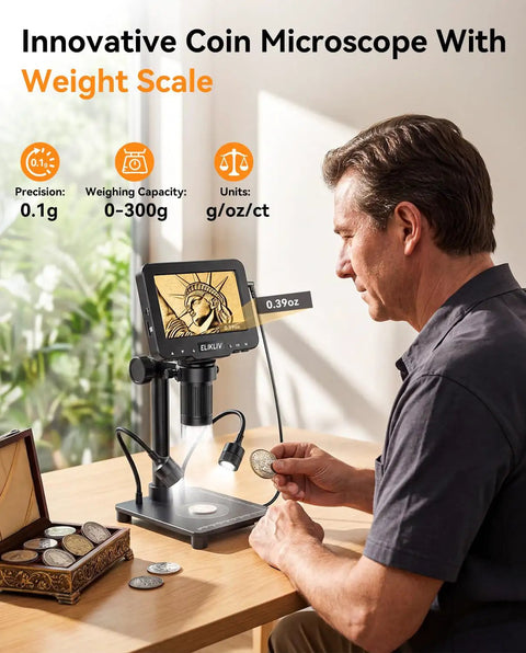 Coin Microscope With Built In 0.1g Weighing Scale Up To 300g 12MP Camera 4.3 Inch LCD Display 1080P Video Digital Magnifier For Error Coins Jewelry Inspection With LED Lights USB PC View For Collectors, man inspecting coin