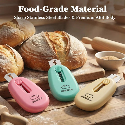 Three Pack Bread Lame Set With Ten Replacement Blades And Pattern Booklet For Sourdough Fans displayed with loaves