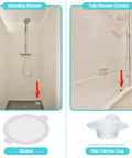 Disposable Shower Drain Hair Catcher Mesh Stickers Peel And Stick Drain Strainer To Prevent Clogs with waterproof adhesive shown in shower and tub setup.