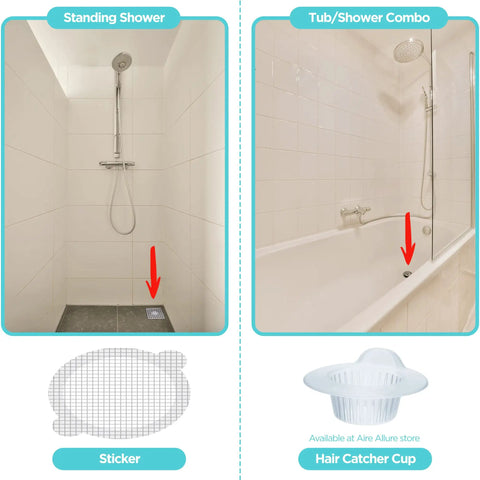 Disposable Shower Drain Hair Catcher Mesh Stickers Peel And Stick Drain Strainer To Prevent Clogs with waterproof adhesive shown in shower and tub setup.