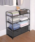Four Shelf Closet Storage Rack Featuring Two Removable Fabric Storage Boxes Zero Sweat Metal Frame Assembly, black, storing folded clothes.