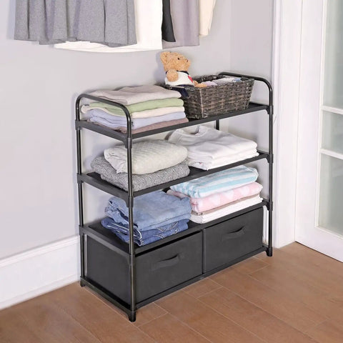 Four Shelf Closet Storage Rack Featuring Two Removable Fabric Storage Boxes Zero Sweat Metal Frame Assembly, black, storing folded clothes.