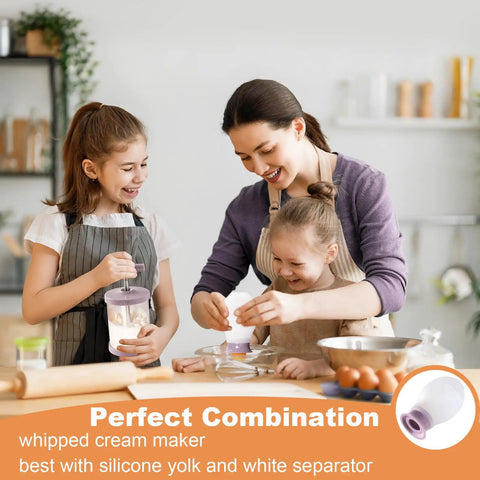 Family using Handheld Manual Whipping Cream Dispenser No Battery Needed For Quick Whipped Cream In 60 Seconds Non Slip Silicone Base