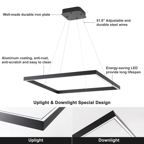 Sleek Black Square Chandelier With Up Light And Down Light For Kitchen Island And Dining Room, Modern Ceiling Pendant Light Fixture for Bedroom
