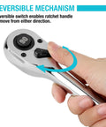 Hand demonstrating reversible mechanism of the Smooth As Butter Extra Long Handle 1/2 Inch Drive 90 Tooth Ratchet Wrench.